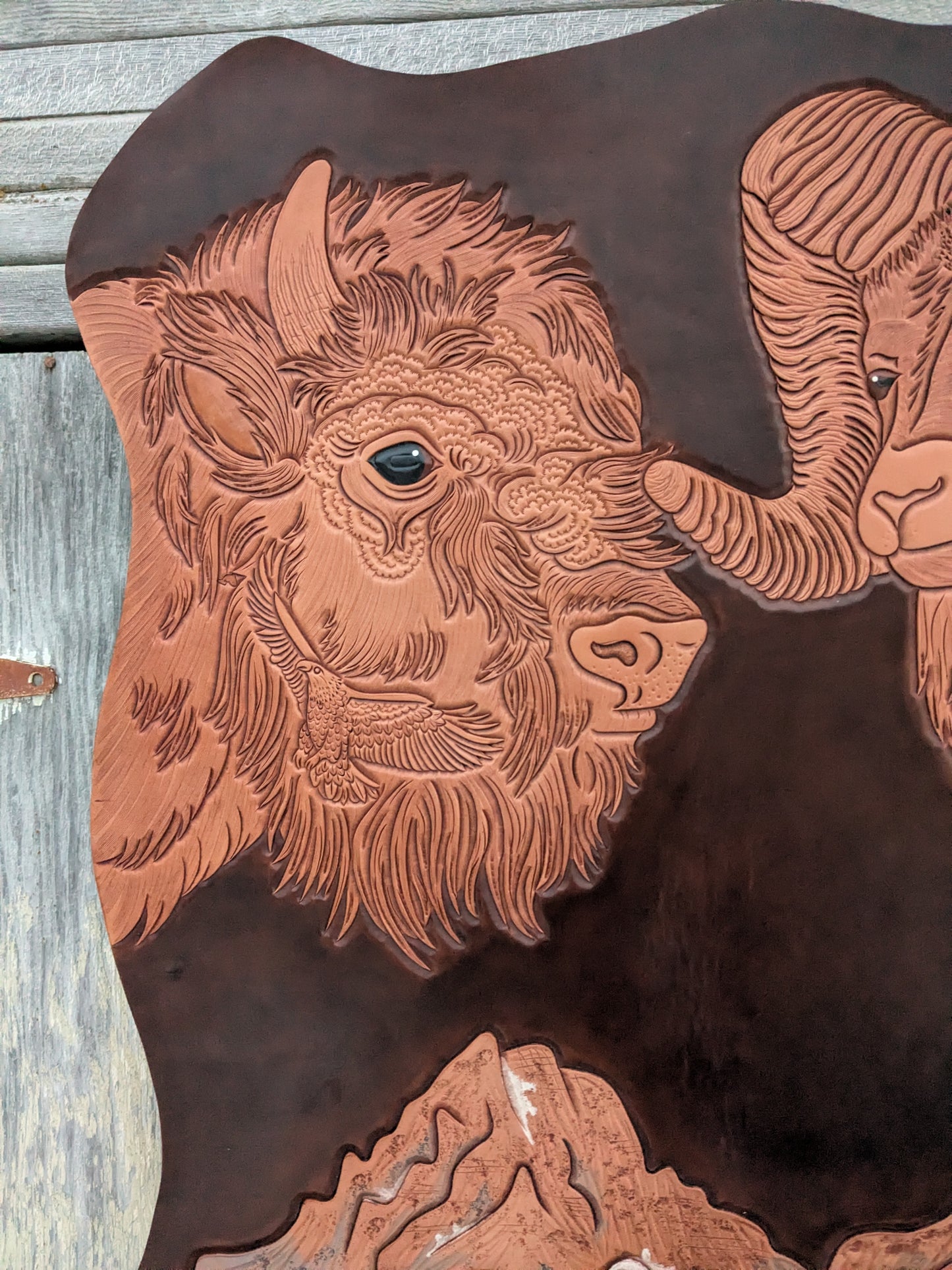 "Shadows in the Tetons" Craved Leather Art