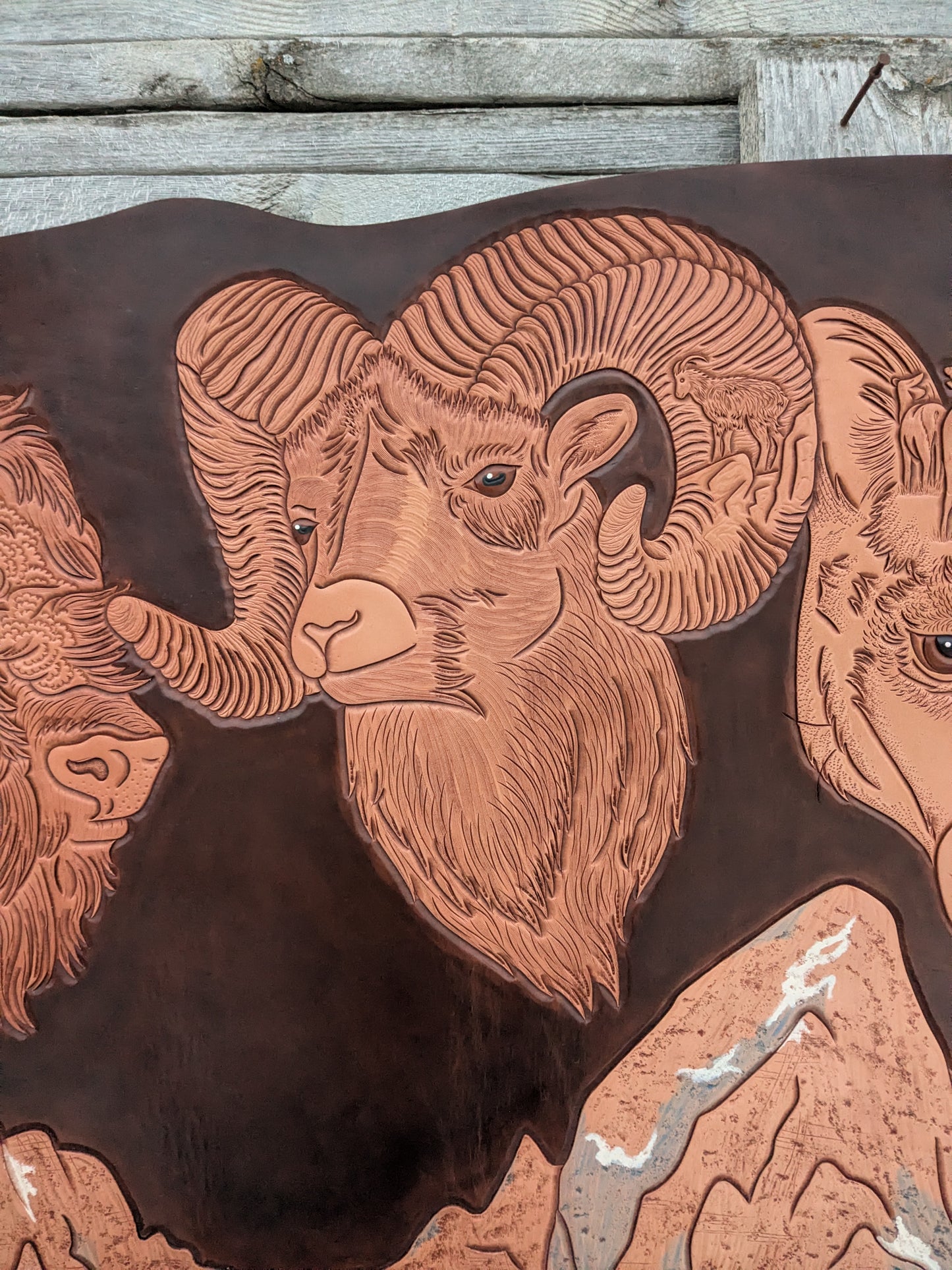 "Shadows in the Tetons" Craved Leather Art