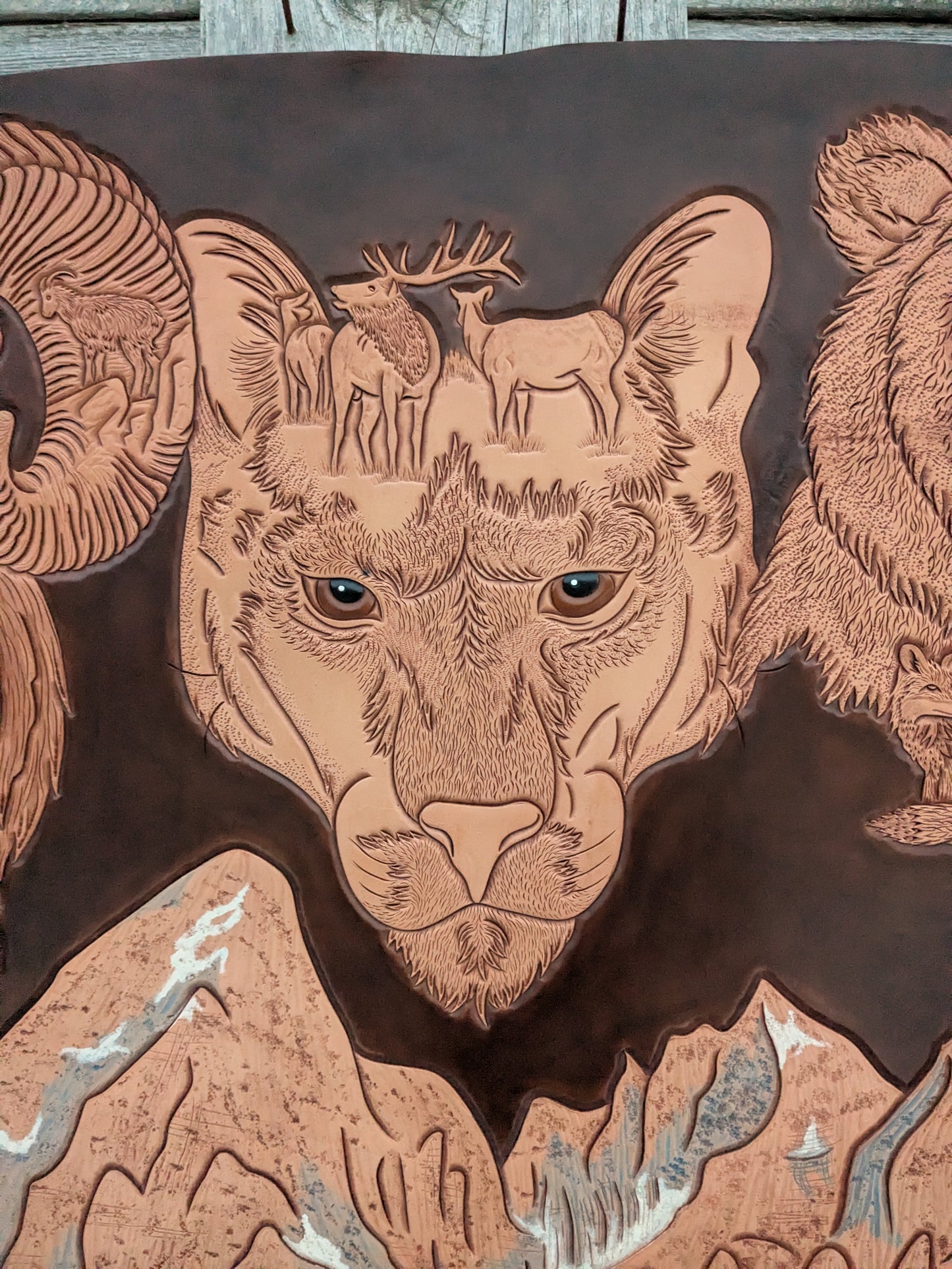 "Shadows in the Tetons" Craved Leather Art