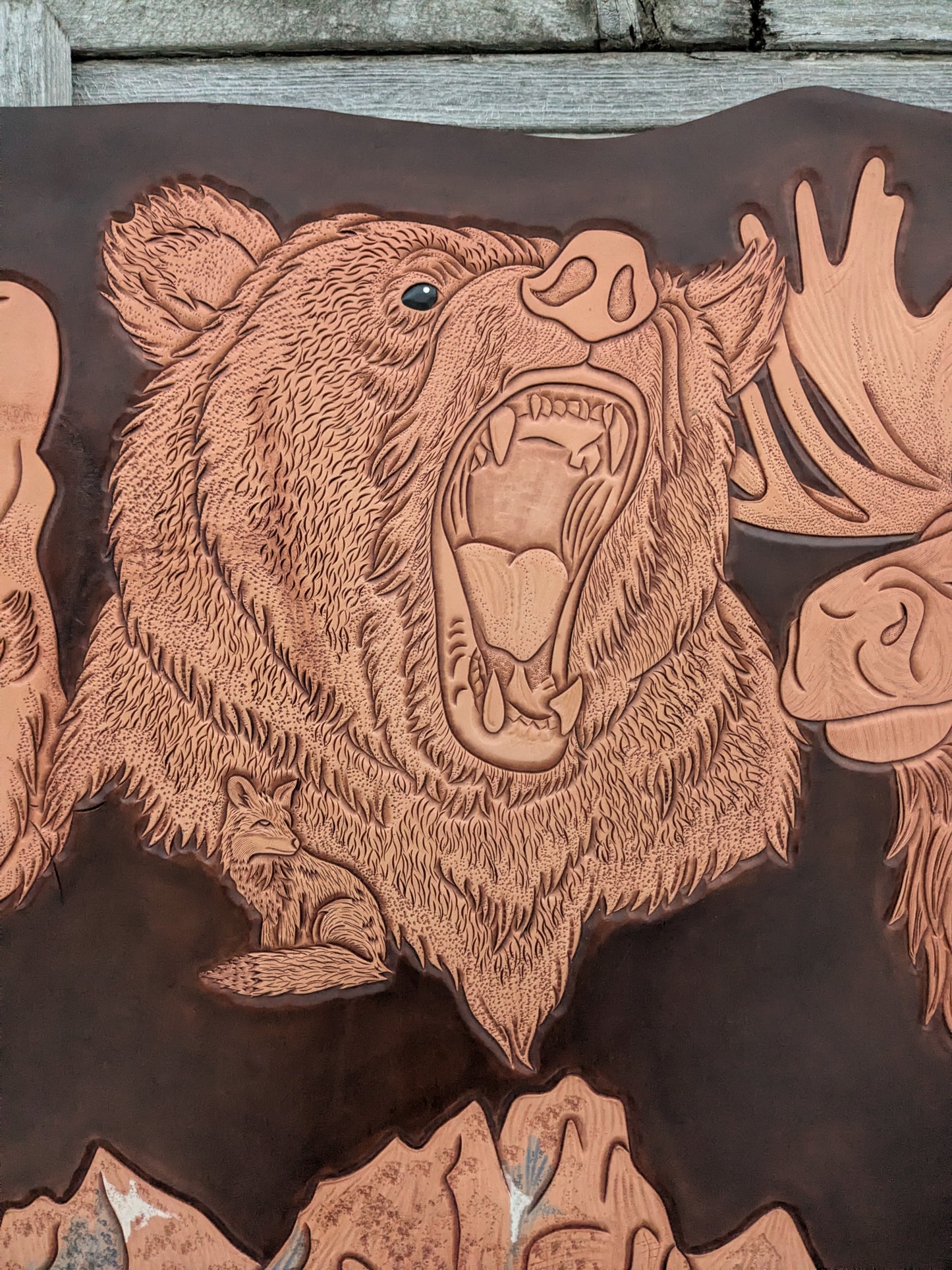 "Shadows in the Tetons" Craved Leather Art